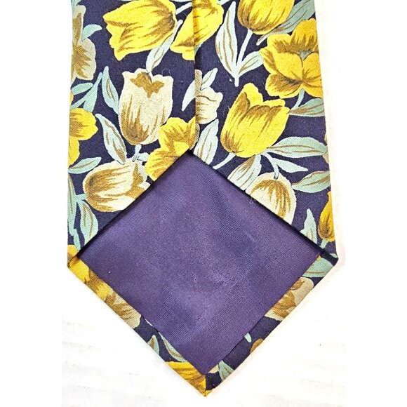 TANGO BY MAX RAAB Mens Floral Tulip Print Navy Yellow Cotton Necktie Made In USA - Picture 4 of 7